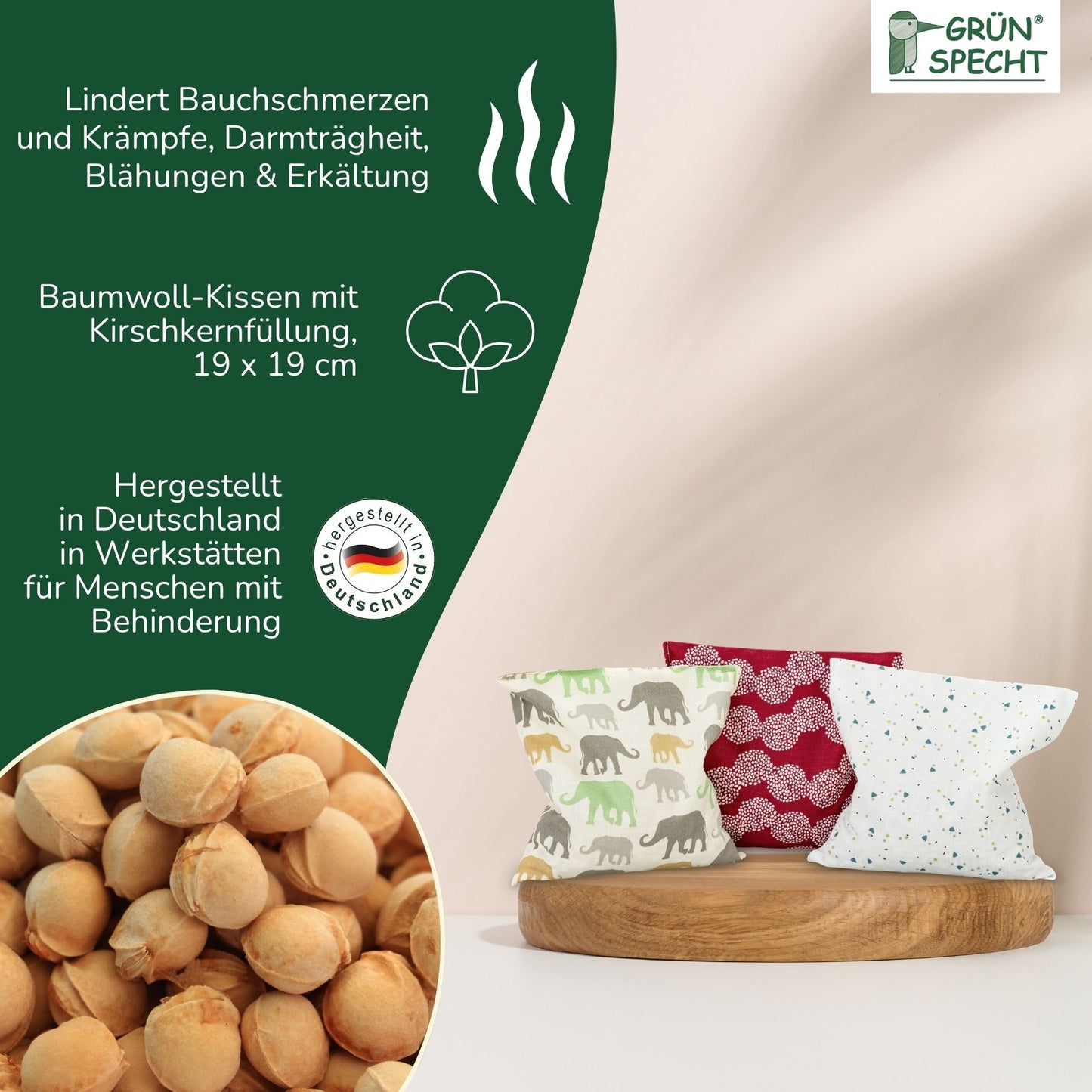 Cherry pit pillow, 19 x 19 cm