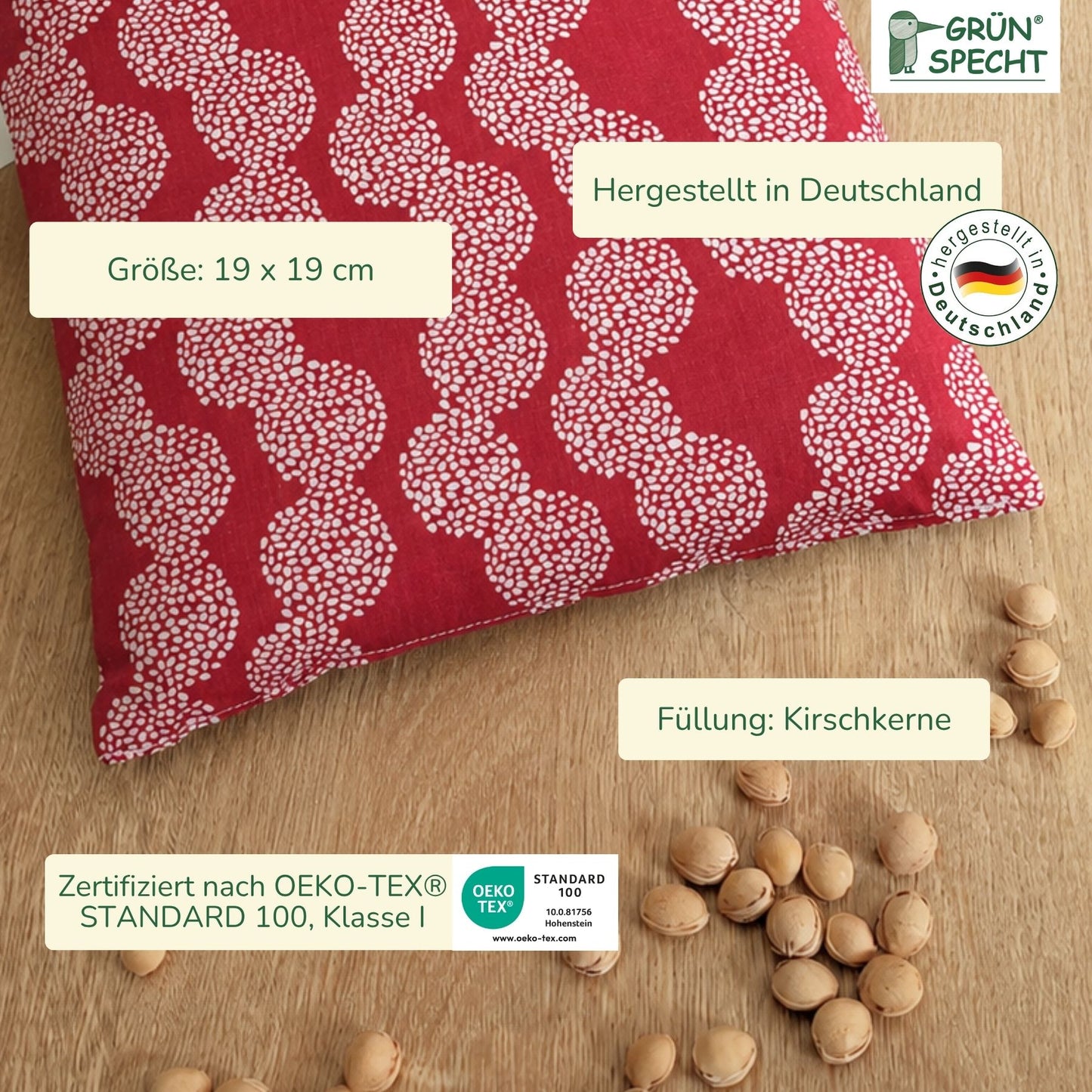 Cherry pit pillow, 19 x 19 cm