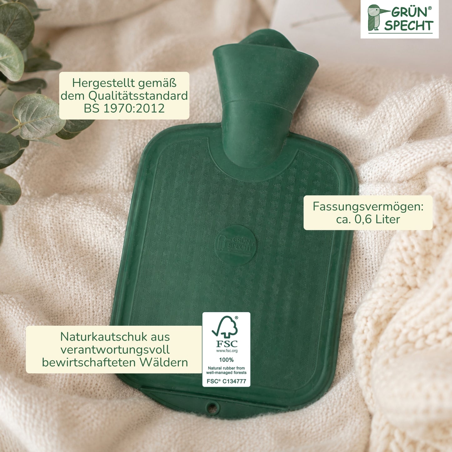 Naturkautschuk-Wärmflasche, ohne Bezug