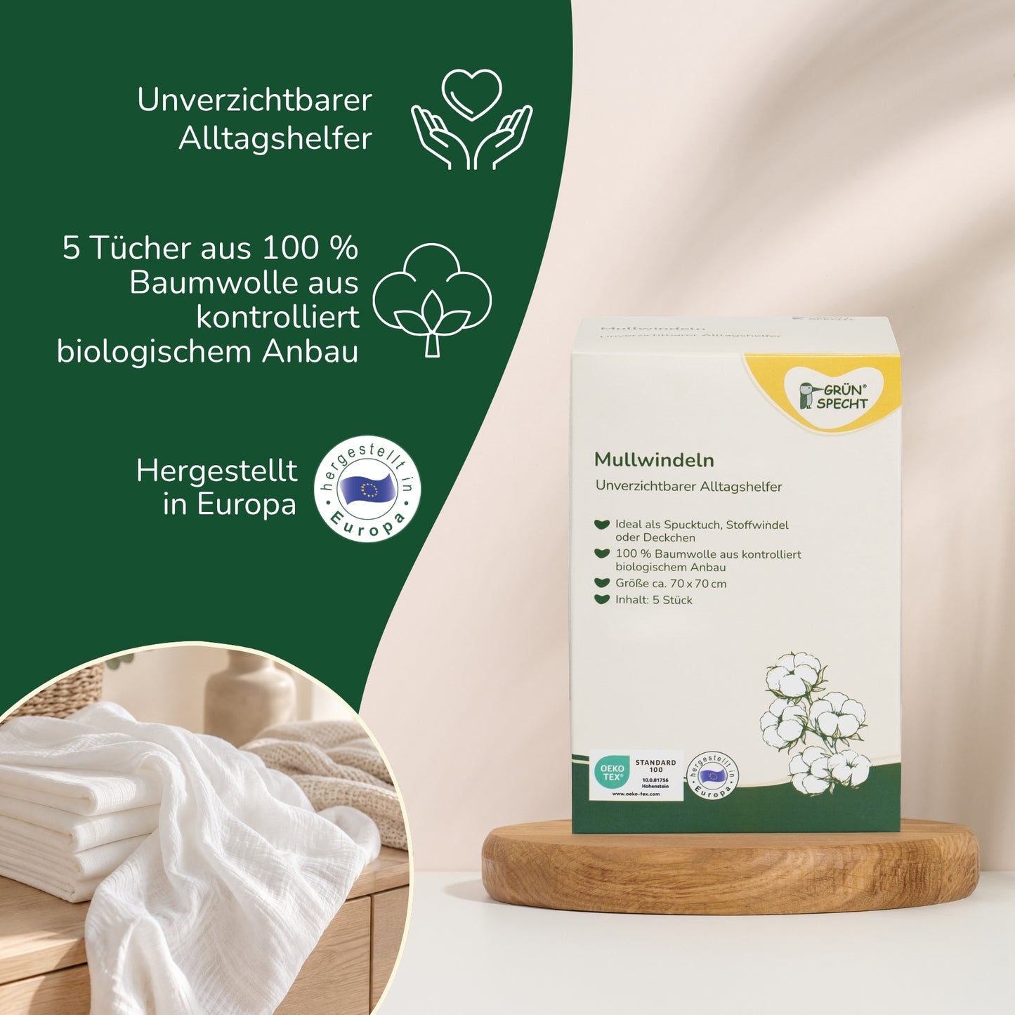 Mullwindeln mit Baumwolle aus kontrolliert biologischem Anbau, weiß