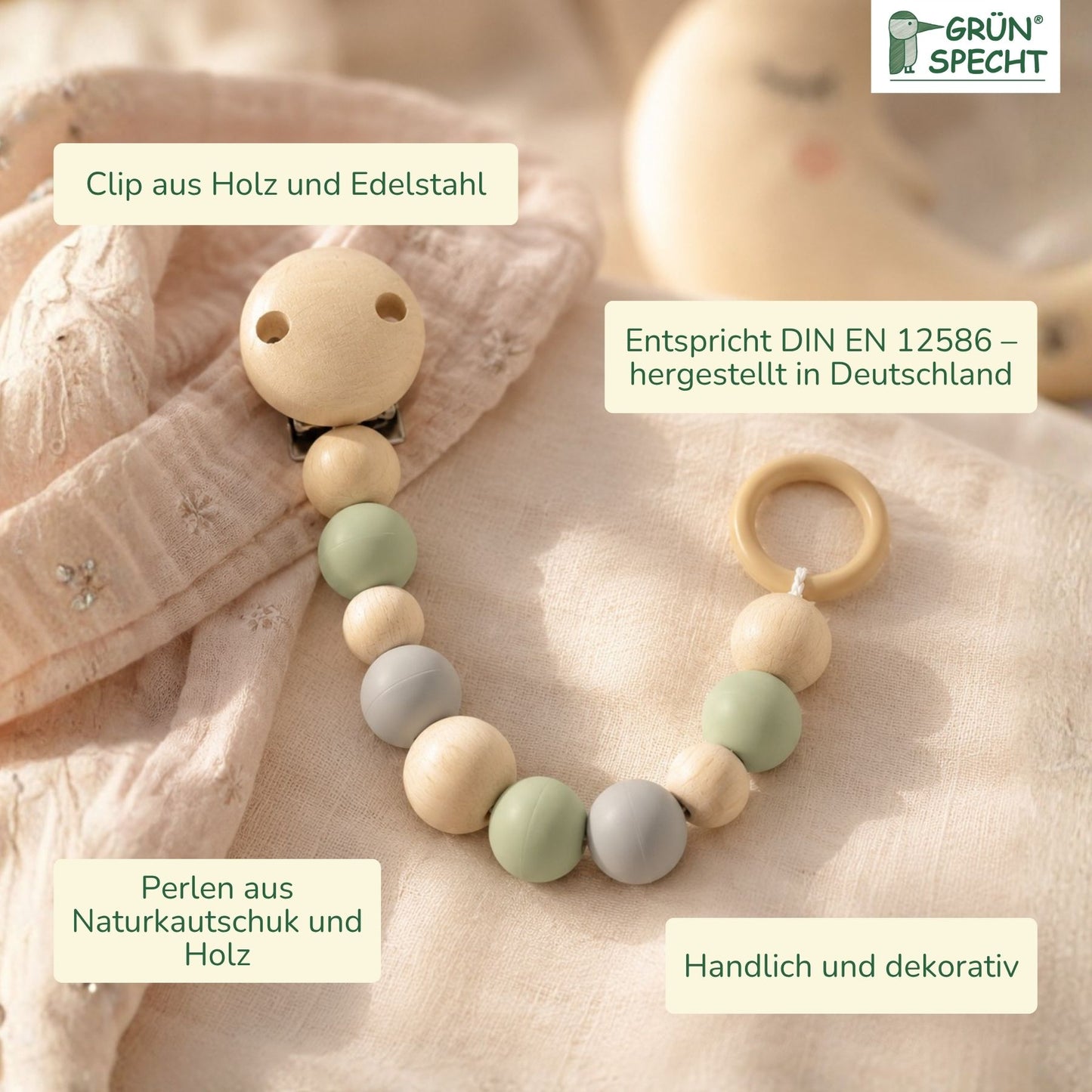 Pacifier chain with rubber and wooden beads
