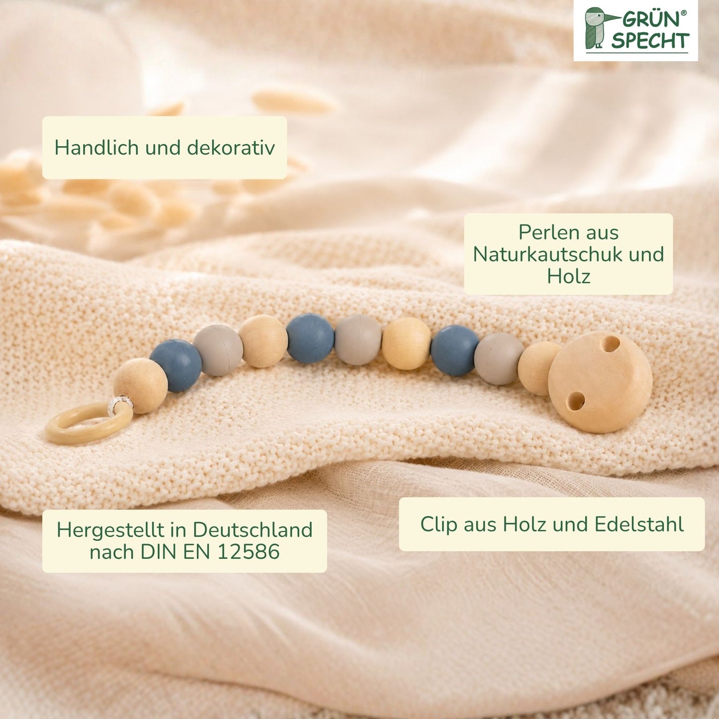 Pacifier chain with rubber and wooden beads