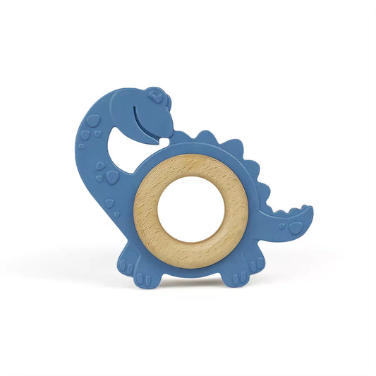 Organic teething toy, natural rubber + wood, dinosaur