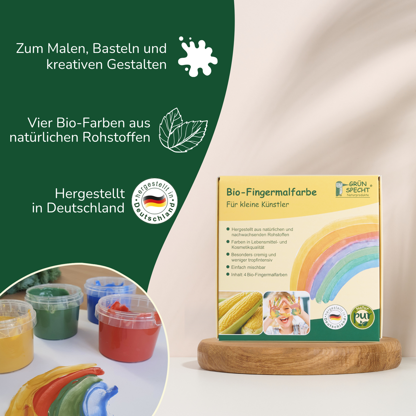Organic finger paint yellow, red, blue, green