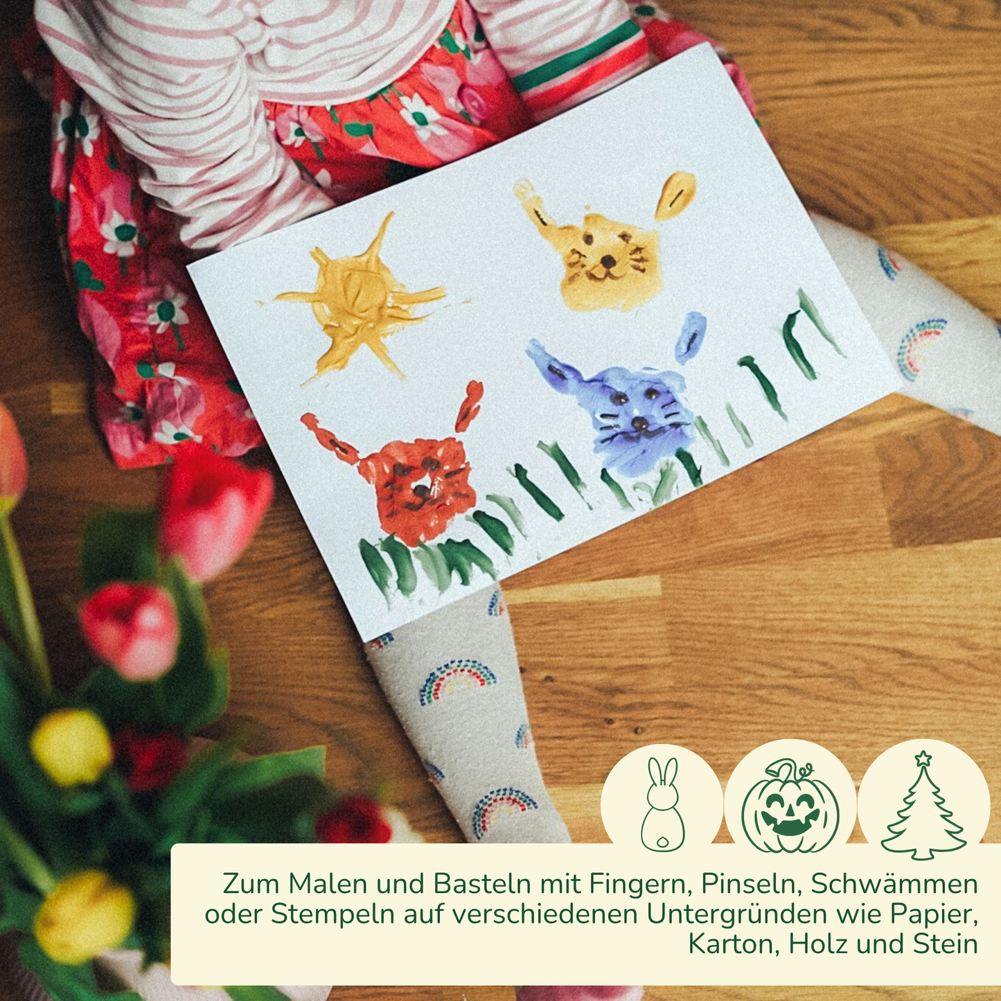 Organic finger paint yellow, red, blue, green