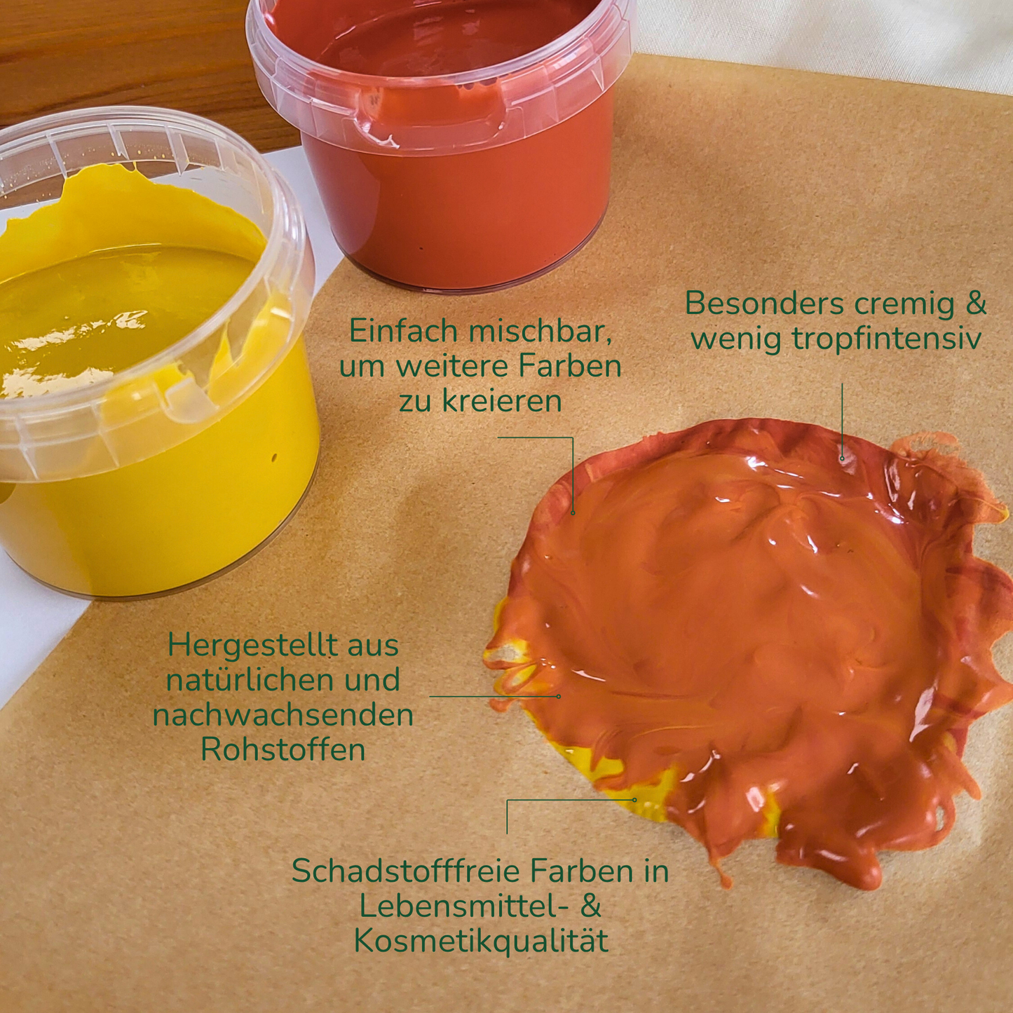 Organic finger paint yellow, red, blue, green
